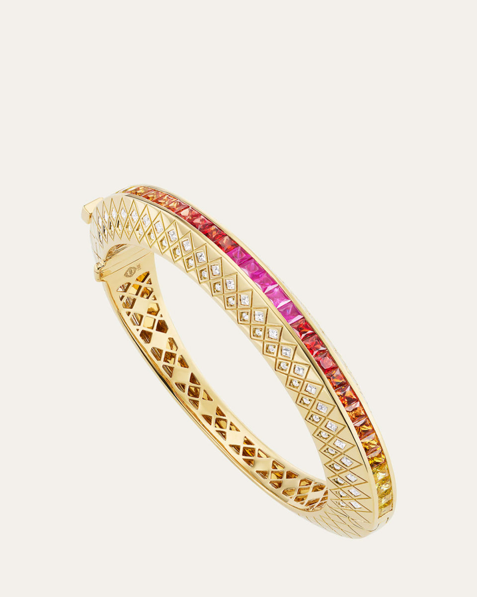 18K Yellow Gold Temple Tile Bangle Bracelet with Diamonds and Sapphires